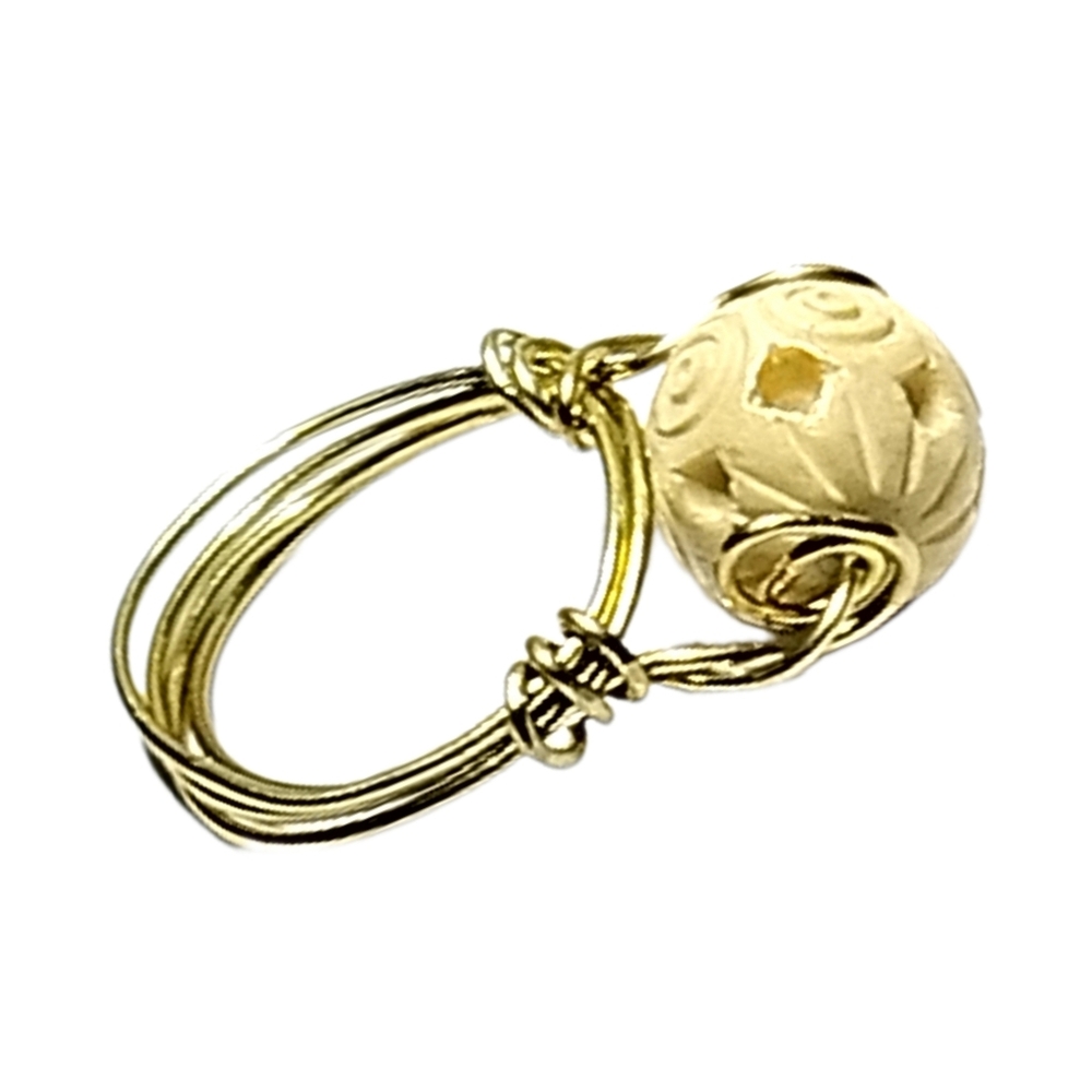 Elegant Gold Wire Wrapped Ring with Carved Stone